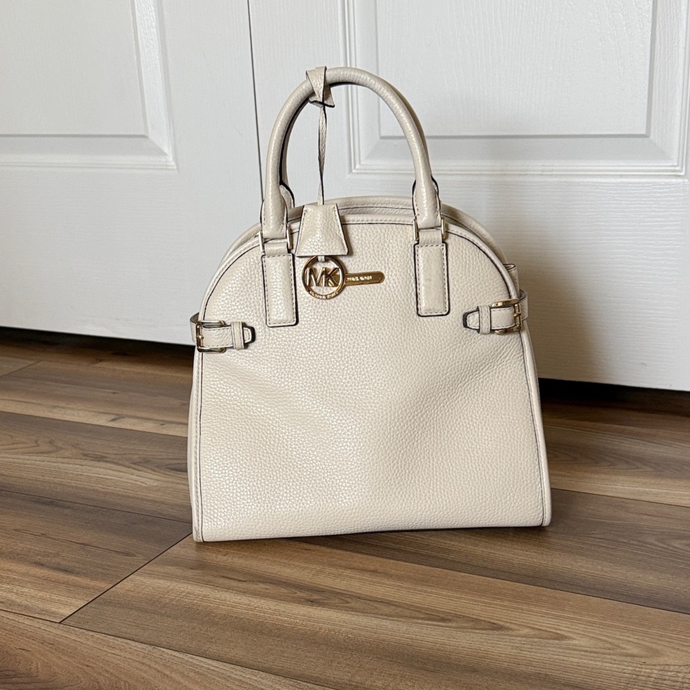 Michael Kors Pebbled Cream Dome Satchel with Gold Hardware